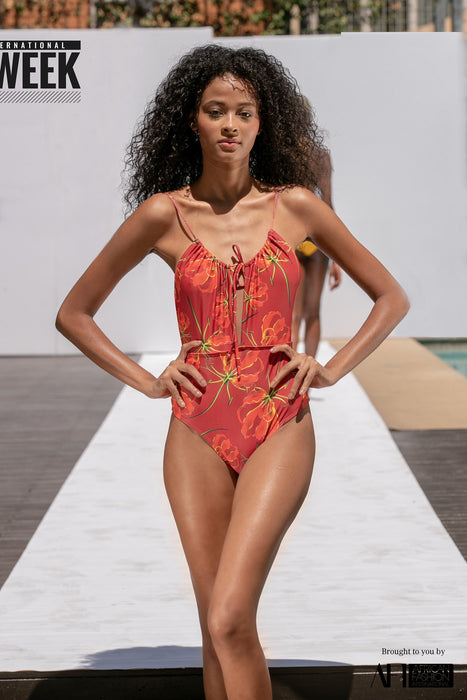 Red Flame Lily Ruched one-piece